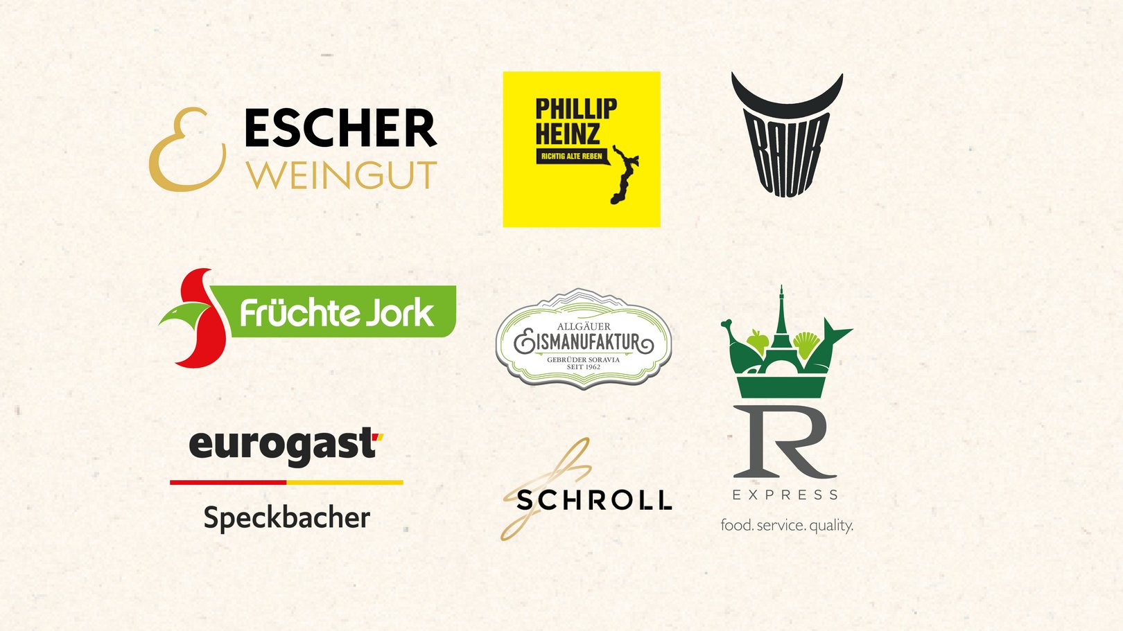 Kulinarikwochen – das Jahresprogramm Verschiedene Firmenlogos aus der Lebensmittel- und Gastronomiebranche auf hellem Hintergrund
