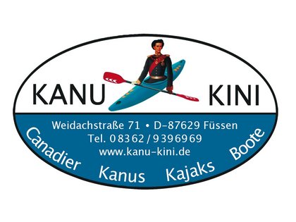 Allgäu mit Kindern: Hier finden Sie unsere Partnerlogos Logo von Kanu Kini mit Kanufahrer und Kontaktdaten in Füssen